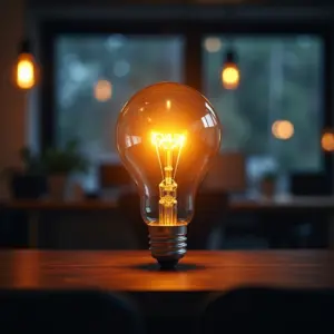 Equipe diversa trabalhando em escritório iluminado com lâmpada em formato de cérebro, representando neuromarketing.