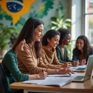 A Importância da Inclusão e Diversidade nas Empresas Pequenas Equipe diversa trabalhando em escritório moderno, promovendo inclusão.