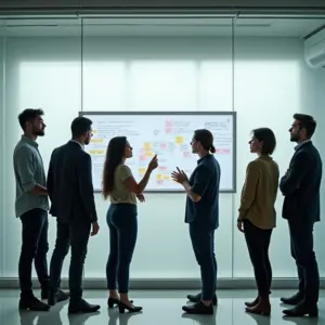 Equipe diversa trabalhando em planejamento Scrum em escritório moderno.