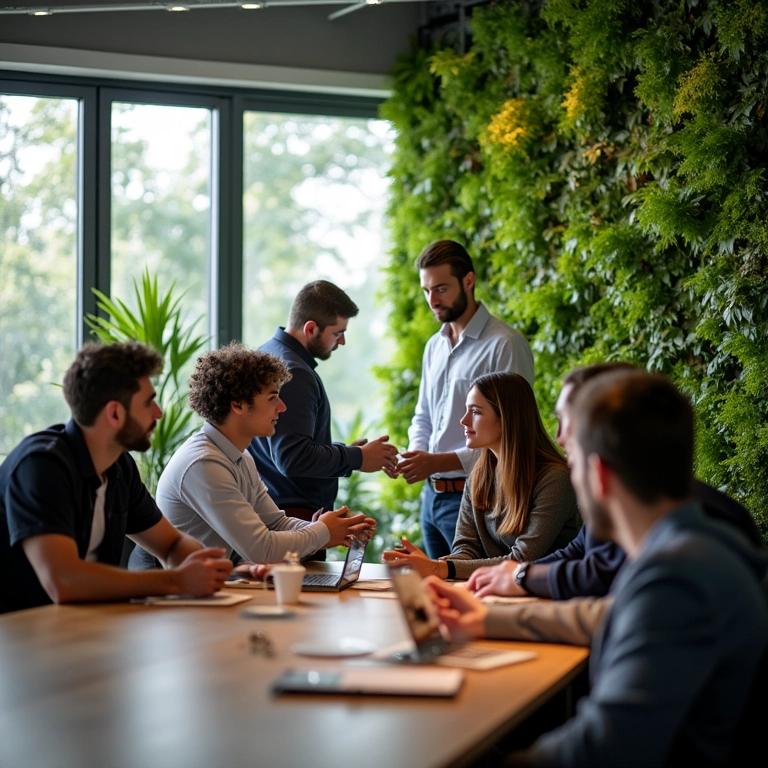 Equipe diversa trabalhando perto de um jardim vertical, aumentando a produtividade e a criatividade.