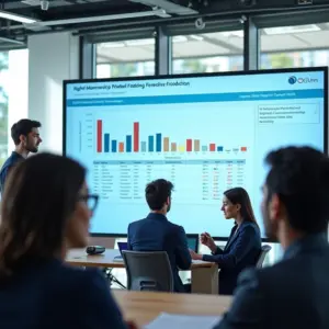Equipe diversificada analisando dados de satisfação do cliente em tela grande.