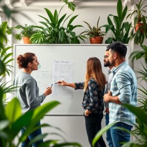 Equipe diversificada planejando em quadro branco, escritório brasileiro vibrante, gestão ágil.