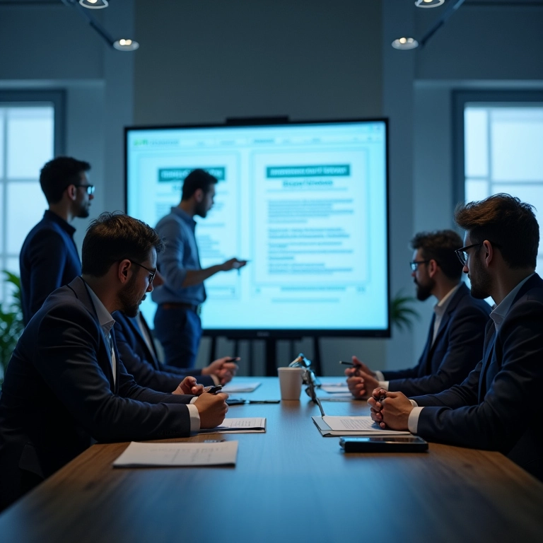 Equipe elaborando pedido de patente em escritório moderno.