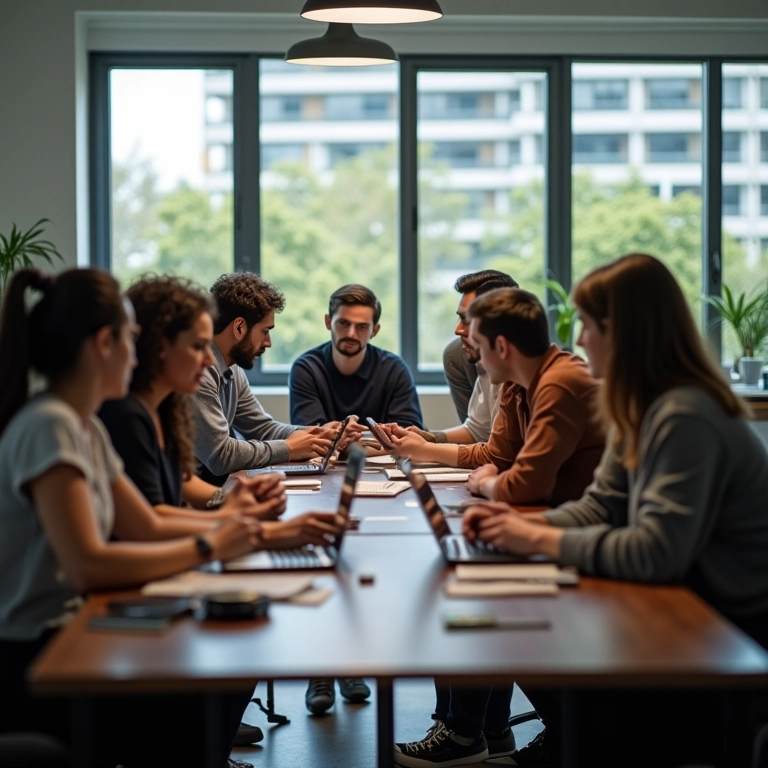 Equipe faz brainstorming durante crise em escritório.