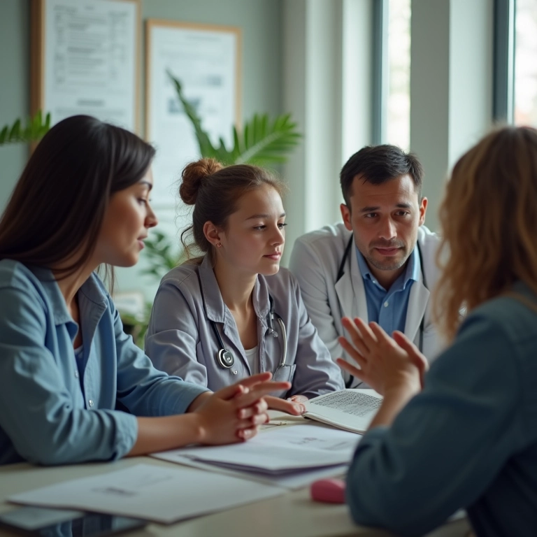 Equipe multidisciplinar discutindo diagnóstico precoce de dislexia.