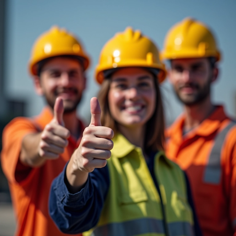Equipe sorrindo, promovendo cultura de segurança.