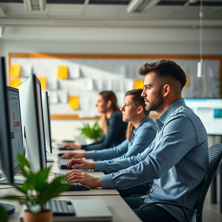 Equipe trabalhando eficientemente em computadores, aumento da produtividade.