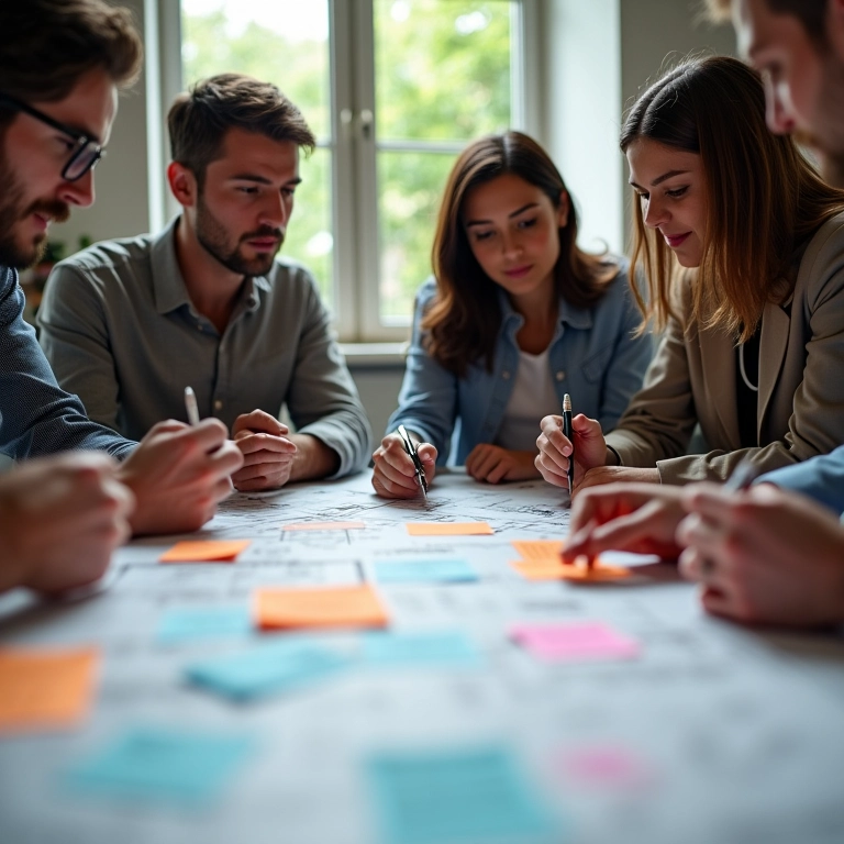 Equipe validando ideia de negócio com brainstorming e gráficos.