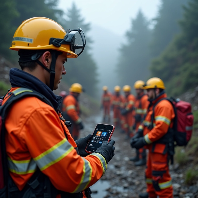 Equipes de emergência coordenando resgate com 5G, mostrando conectividade confiável.