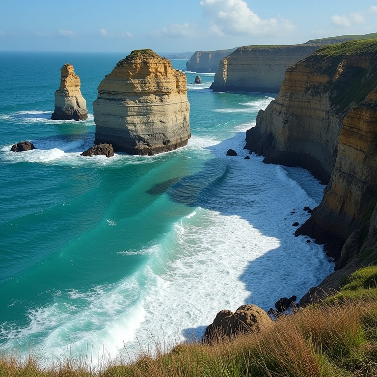 Erosão de rochas costeiras pela ação das ondas.
