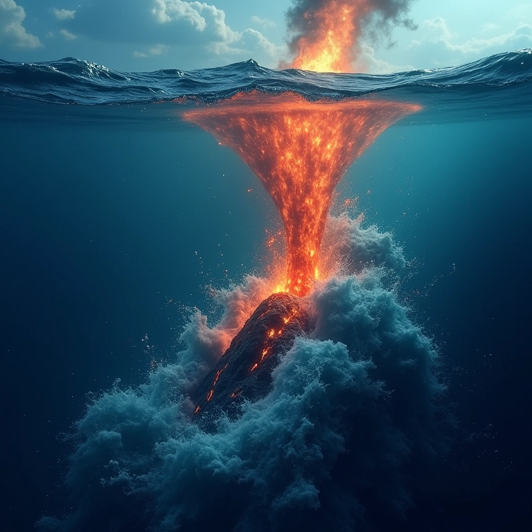 Erupção vulcânica submarina gerando um tsunami.