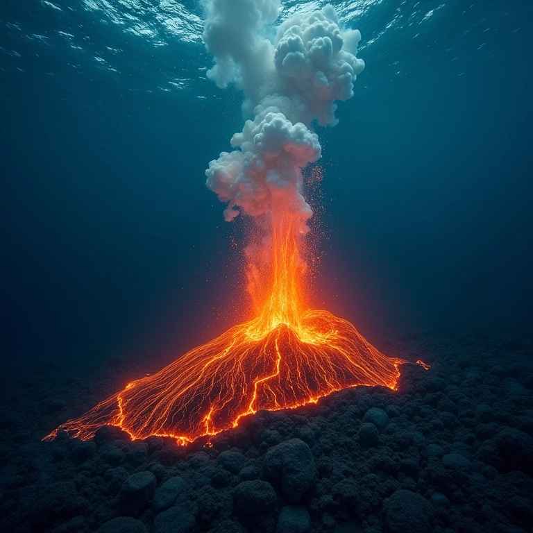 Erupção vulcânica submarina liberando minerais.