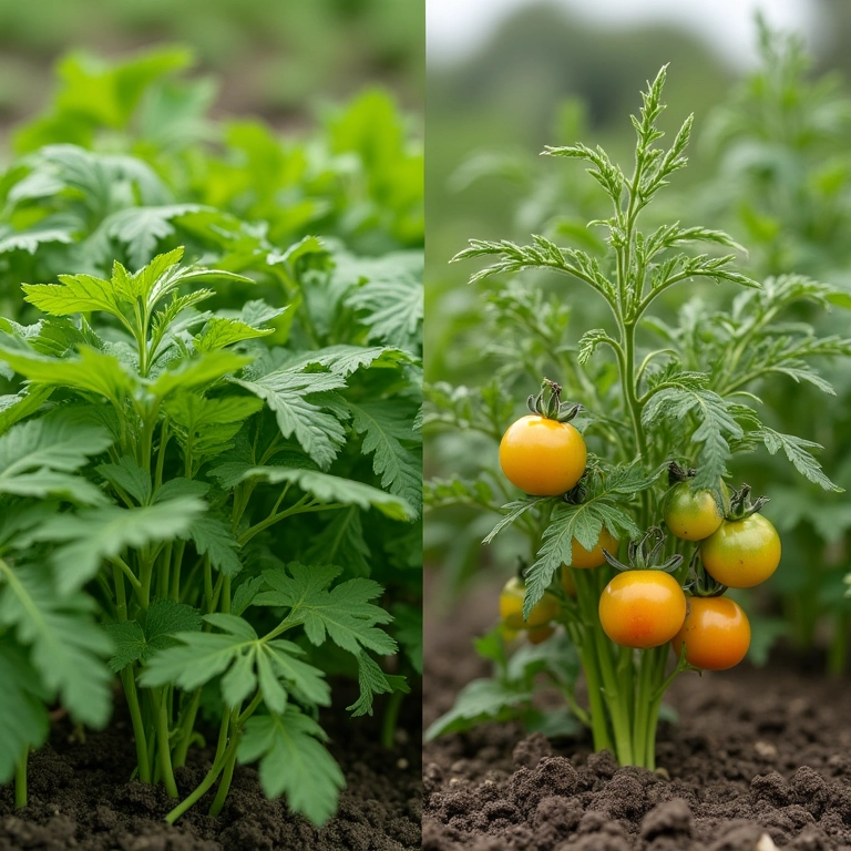 Erva-doce perto de tomateiros com crescimento ruim.
