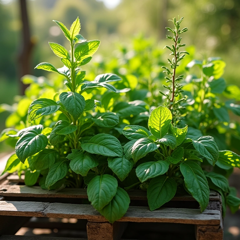 Ervas aromáticas crescendo em jardim vertical de pallet, manjericão, alecrim.