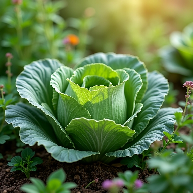 Ervas aromáticas protegendo repolhos em horta.