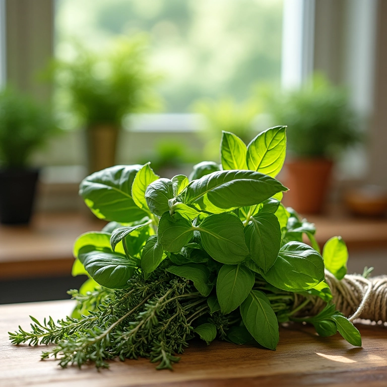 Ervas frescas amarradas para usar no molho de tomate.