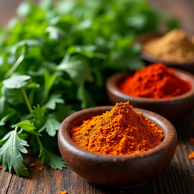 Ervas frescas e especiarias em pequenos potes, ingredientes aromáticos e saborosos.