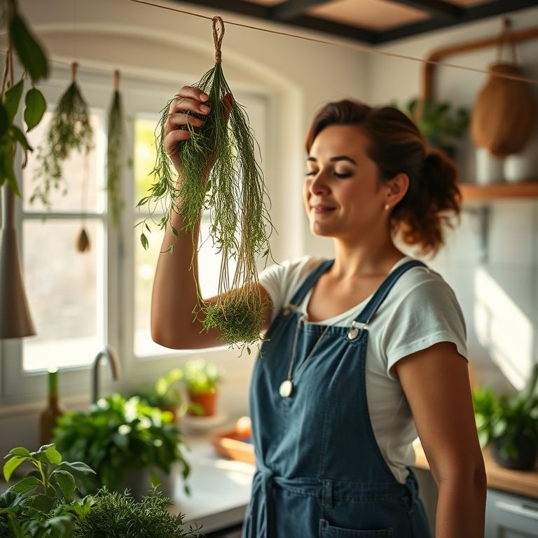 Ervas secando em cozinha ensolarada para tempero caseiro.