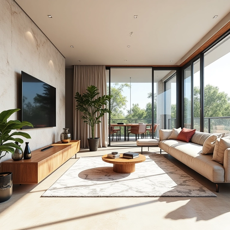 Esboço de planejamento de reforma para uma sala de TV moderna em estilo brasileiro.