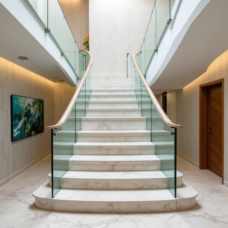 Escada elegante com degraus de travertino e guarda-corpo de vidro moderno.