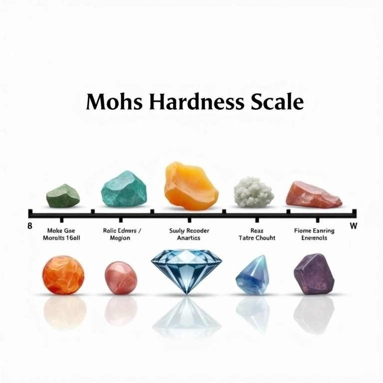 Escala de Mohs mostrando a dureza relativa dos minerais, com o diamante no topo.