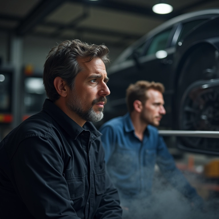 Escapamento de carro emitindo fumaça preta, mecânico inspecionando.