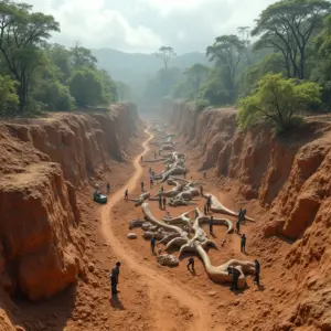 Escavação paleontológica no Brasil com cientistas diversos trabalhando na descoberta de fósseis de dinossauros.