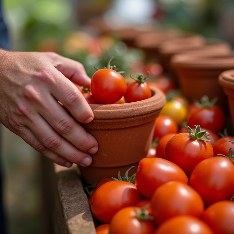 Escolhendo vaso de cerâmica para plantar tomate cereja.