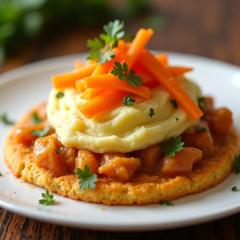 Escondidinho de frango com purê de cenoura e batata.