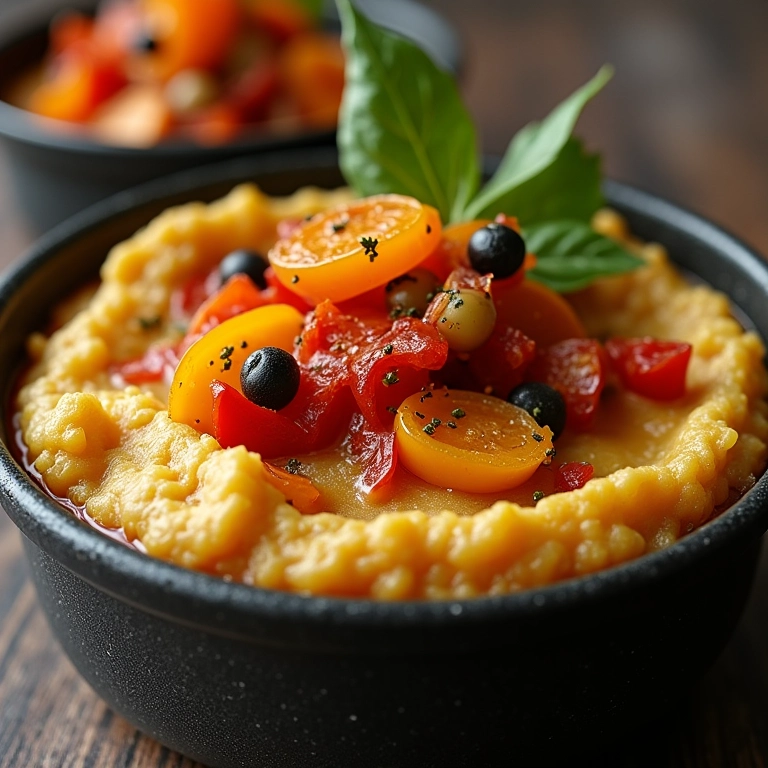 Escondidinho de grão de bico com purê e legumes assados.