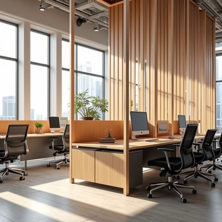 Escritório com divisórias de ripado de madeira.