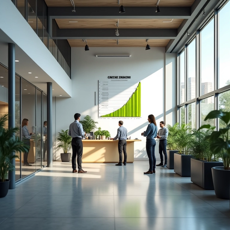 Escritório de arquitetura com funcionários e gráfico de crescimento de Empresa de Pequeno Porte (EPP).