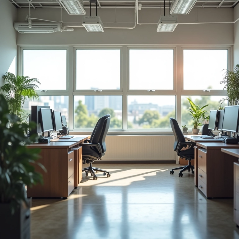 Escritório de contabilidade com cores neutras e iluminação natural abundante.