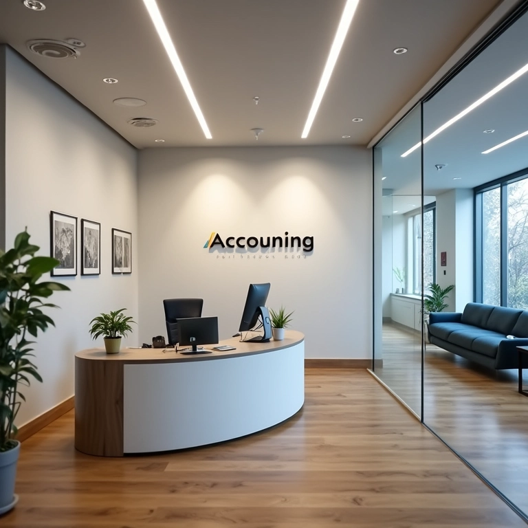 Escritório de contabilidade com detalhes da marca e cores consistentes.