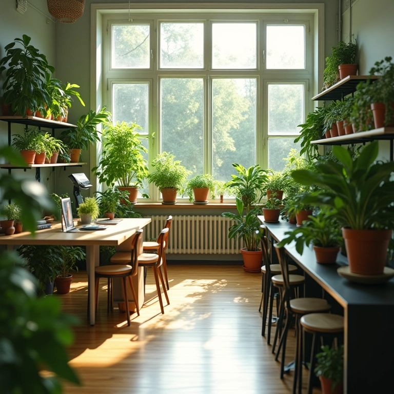 Escritório de contabilidade com plantas e detalhes em verde para um ambiente acolhedor.