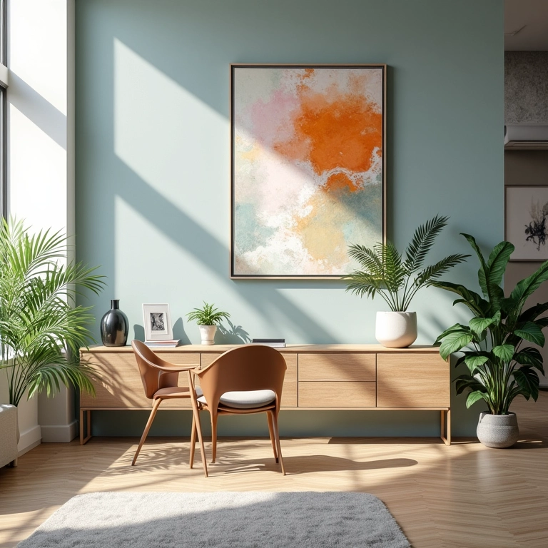 Escritório de contabilidade com quadros abstratos e iluminação natural.