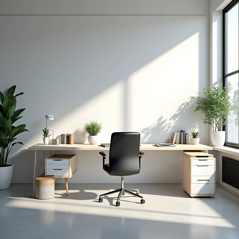 Escritório de contabilidade minimalista com foco na organização e limpeza.