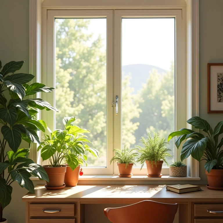 Escritório em casa banhado pelo sol com grande janela e plantas.