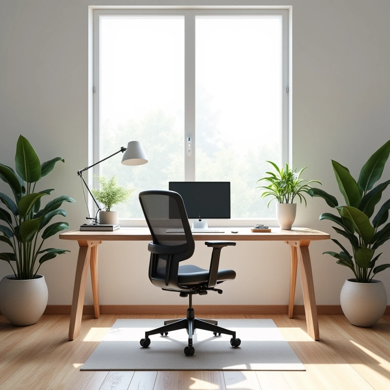 Escritório em casa minimalista com grande janela e luz natural.