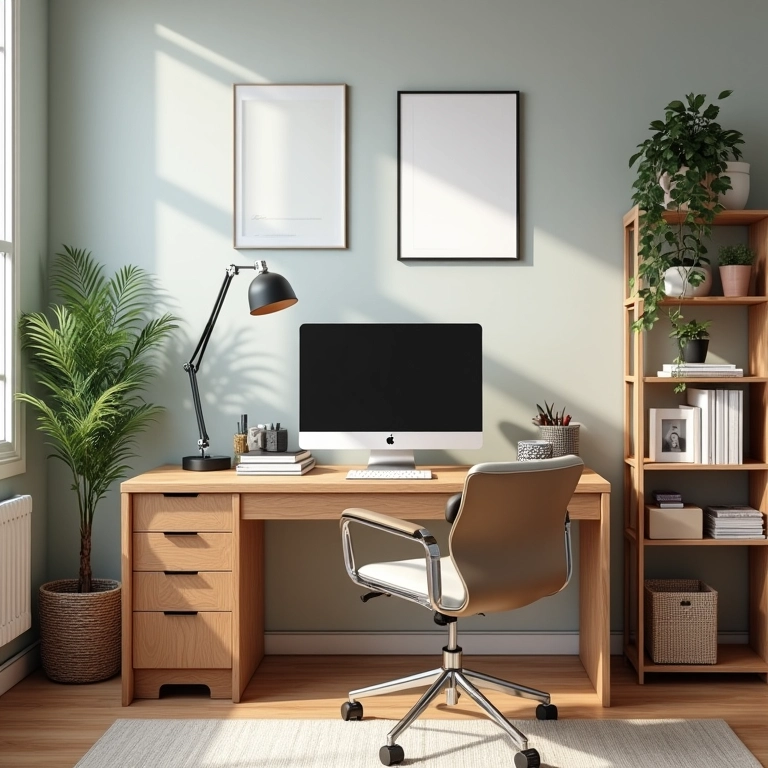 Escritório em casa organizado com design minimalista e cores suaves.