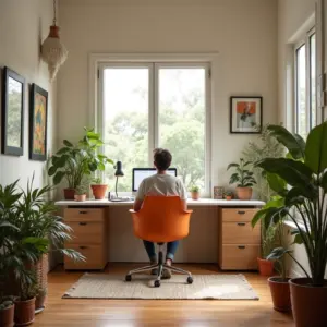 Escritório minimalista com design brasileiro, pessoa trabalhando focada e eficiente.
