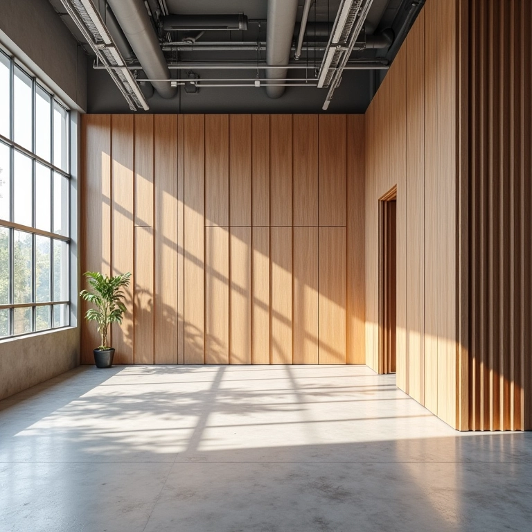 Escritório moderno com divisórias de ripado de madeira.