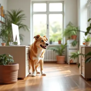 Escritório pet-friendly com decoração vibrante e um cachorro feliz.