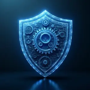 Escudo protegendo máquina complexa, representando a proteção de uma patente.