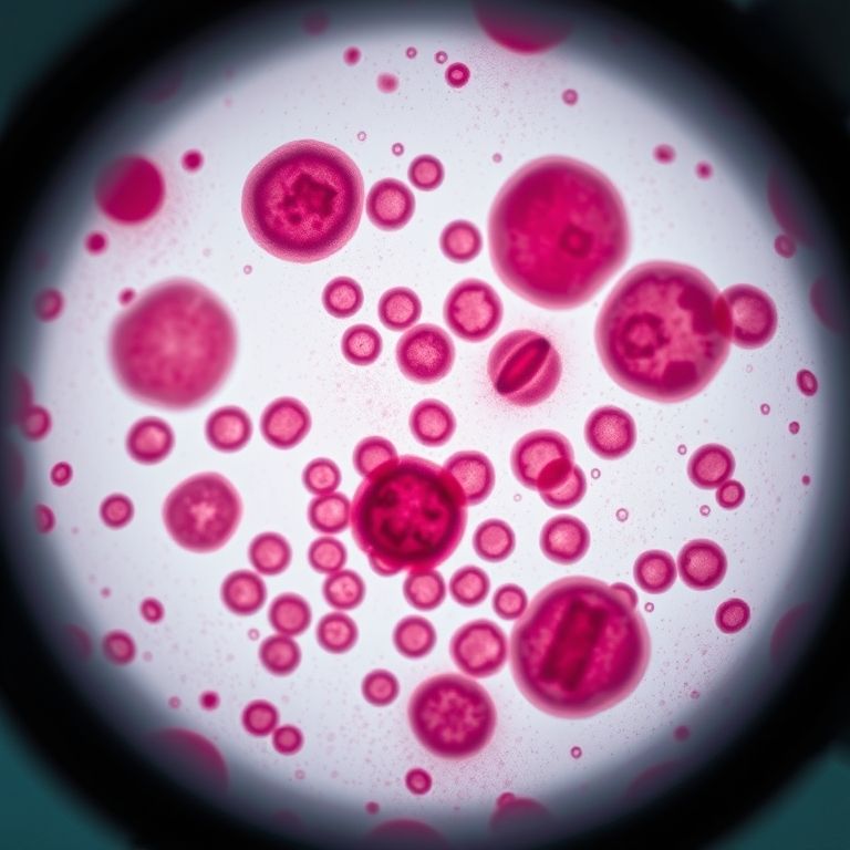 Esfregaço de sangue sob microscópio mostrando células anormais.