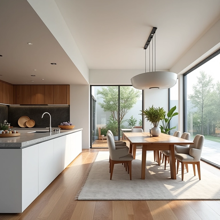 Espaço aberto com áreas de estar, jantar e cozinha, com móveis flexíveis.