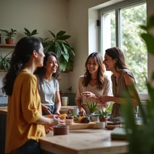 Coliving: A Evolução da Moradia Compartilhada Espaço de coliving vibrante no Brasil, cozinha compartilhada com grupo diverso de jovens adultos.