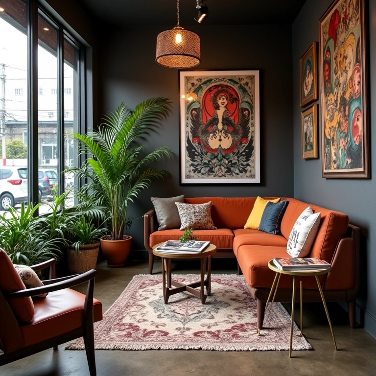 Espaço de espera confortável em estúdio de tatuagem com móveis estilosos.