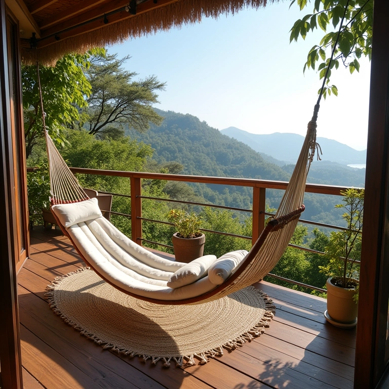 Espaço de relaxamento com rede e cadeiras confortáveis em varanda gourmet.