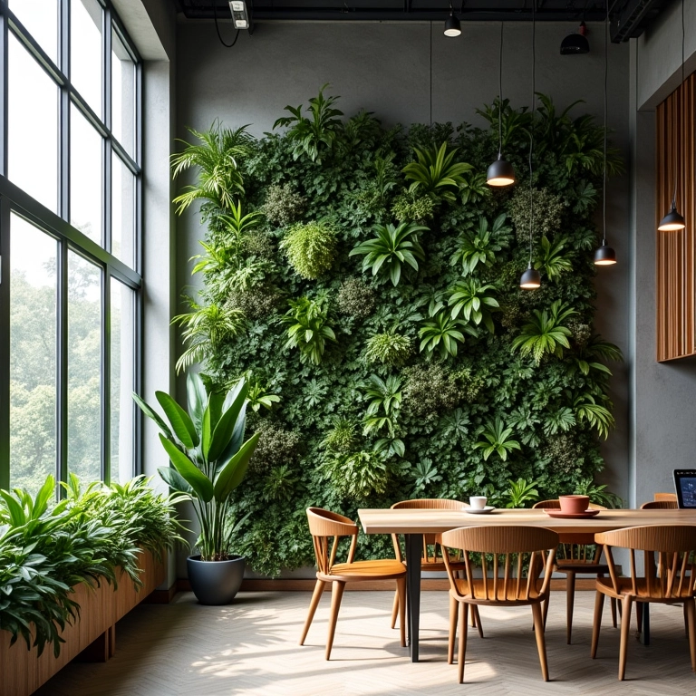 Espaço de trabalho criativo com jardim vertical.